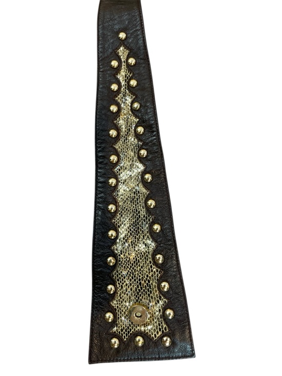 Treesje Brown Leather Waist Belt Metallic Snakeskin Detail Goldtone Studs